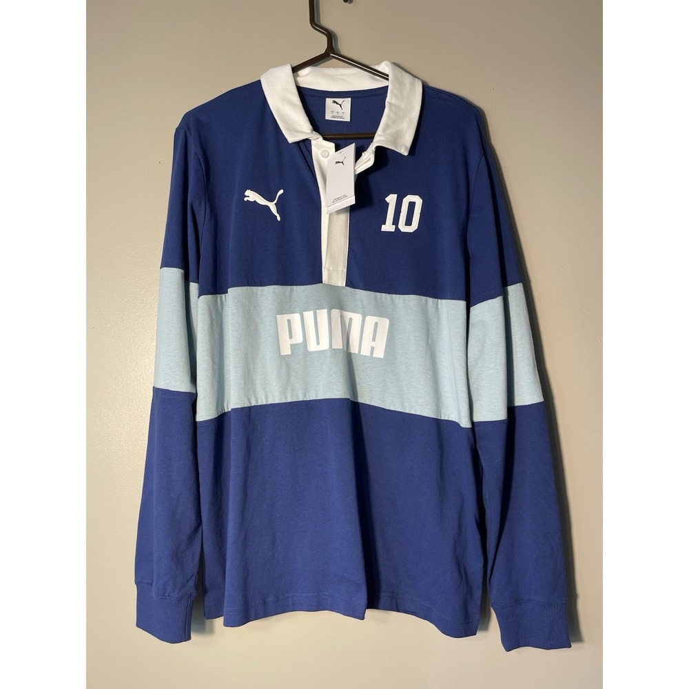 Puma Men's Sport Rugby Polo Long Sleeve Shirt Blue Size L NWT